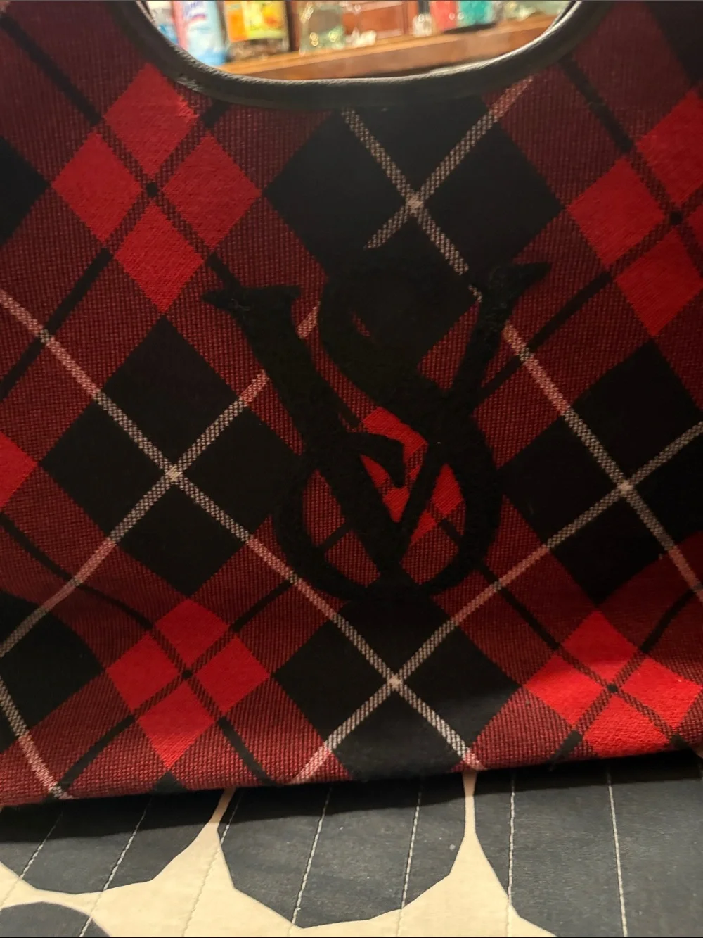 Victoria's Secret Red and Black Plaid Duffel with Signature Monogram